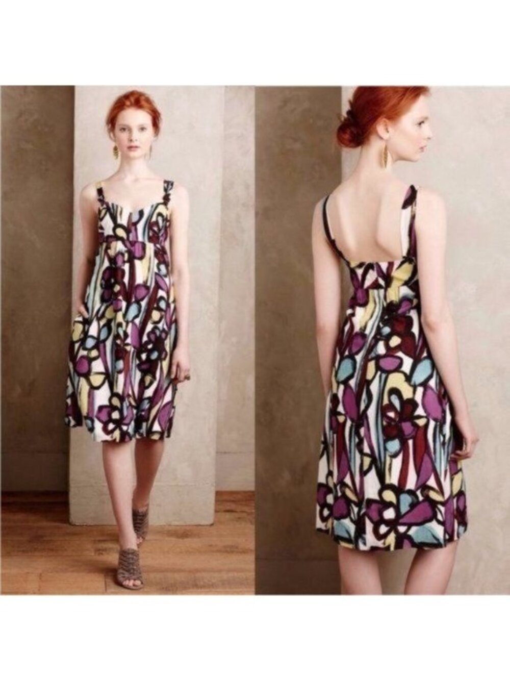 Anthropologie Tabitha Women's Size 8 Black Purple Floral Woven Knee Length Dress